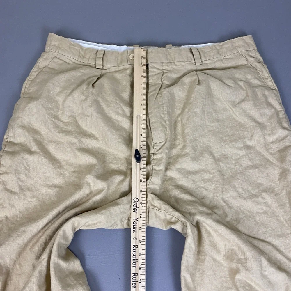 Leurenier 100% Linen Pants Men's Size 44 Cropped Beige Tan Relaxed Wide Leg